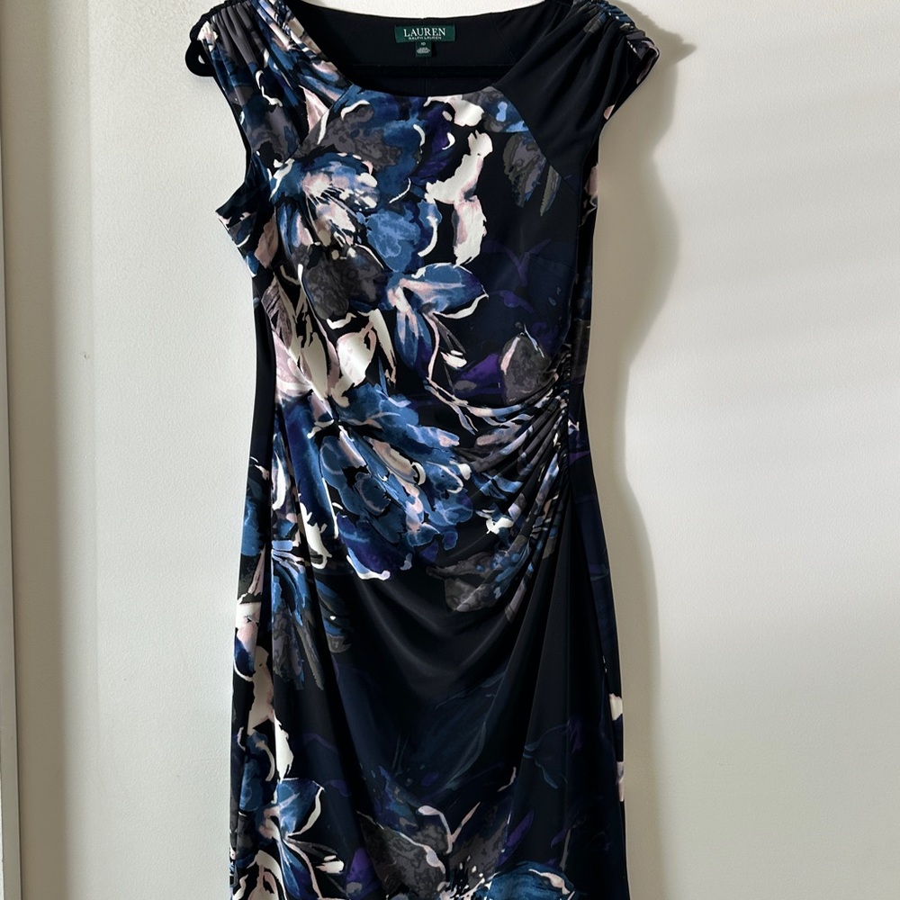 Ralph Lauren Asymmetrical Blue and White Ruched Cocktail Dress